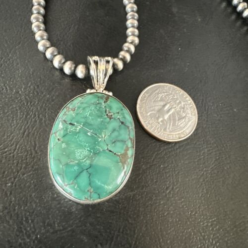 Navajo Blue Spiderweb Turquoise Pendant | Sterling Silver Pearls Necklace | Authentic Native American Handmade | 15570