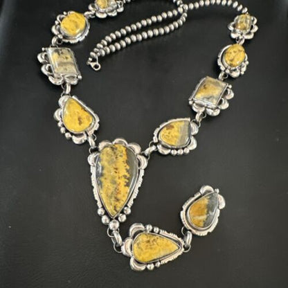Navajo Yellow Bumblebee Jasper Lariat Necklace | Authentic Native American Sterling Silver | 17202