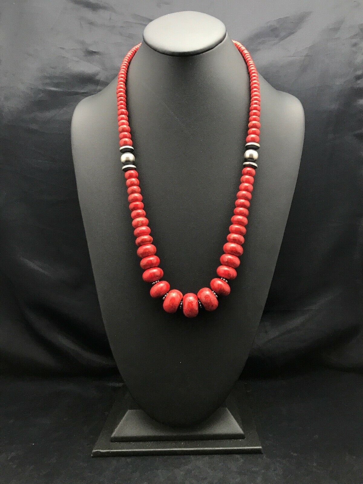 Navajo Sterling Silver Necklace with Apple Sponge Coral Beads | Authentic Native American Jewelry | 25" | 3262