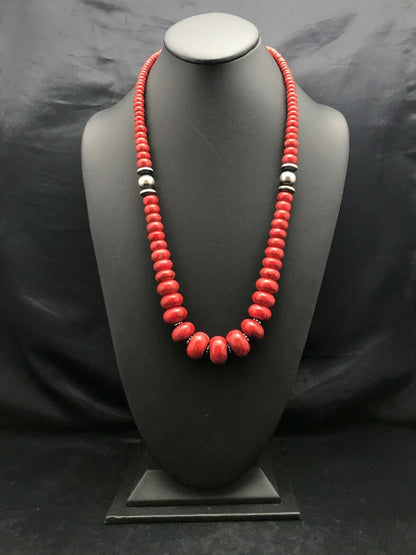 Navajo Sterling Silver Necklace with Apple Sponge Coral Beads | Authentic Native American Jewelry | 25" | 3262