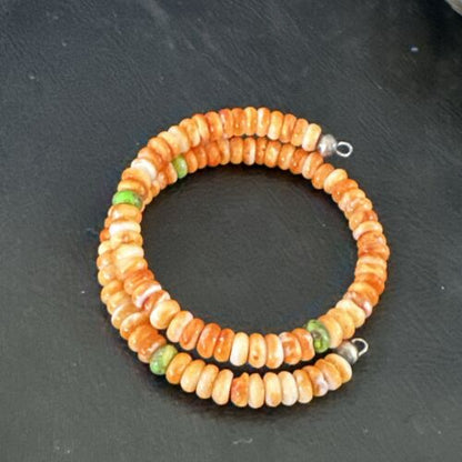 Navajo Orange Spiny Oyster & Green Turquoise Bracelet | 6mm Memory Wire | Authentic Native American Handmade | 17622