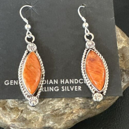 Navajo Orange Spiny Oyster Dangle Earrings | Sterling Silver | Authentic Native American Handmade | 17276