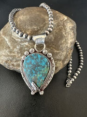 Navajo Blue Turquoise Pendant Necklace | Sterling Silver Pearls | Authentic Native American Handmade | 15761