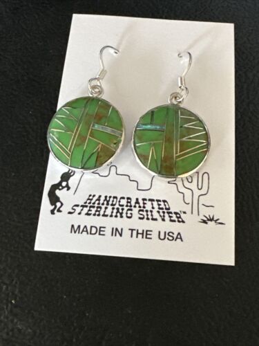 Southwestern Sterling Silver Green Gaspeite Inlay Earrings | 1" | Navajo | 14935