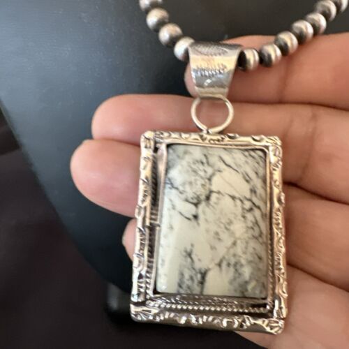 White Buffalo Turquoise Pendant | Navajo Pearls Sterling Silver Necklace | Authentic Native American Handmade | 17103