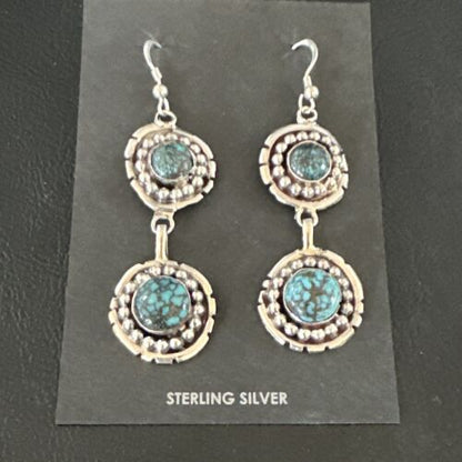 Navajo Blue Spiderweb Turquoise Dangle Earrings | Sterling Silver | Authentic Native American Handmade | 16010 - Masha USA