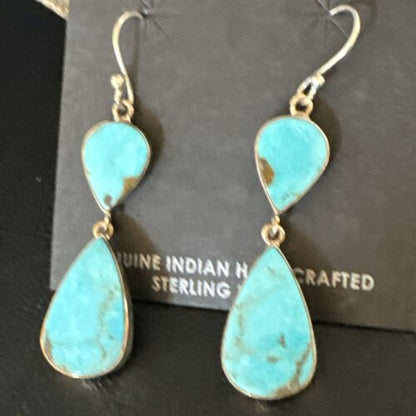 Navajo Blue Kingman Turquoise Dangle Earrings | Sterling Silver | Authentic Native American Handmade | 15119