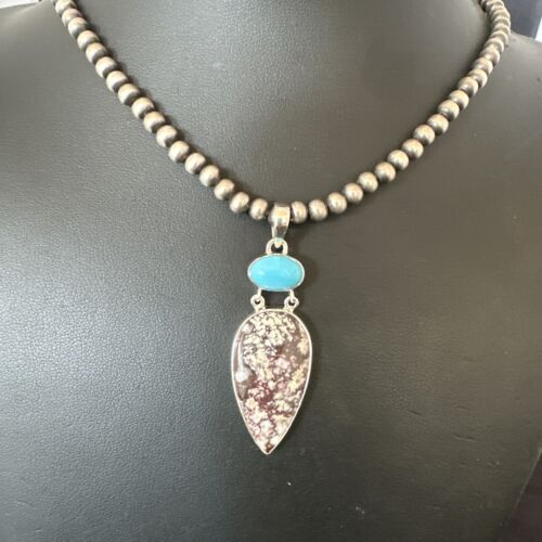 Navajo Wild Horse | Blue Kingman Turquoise Necklace | Sterling Silver | Authentic Native American Handmade | 17316