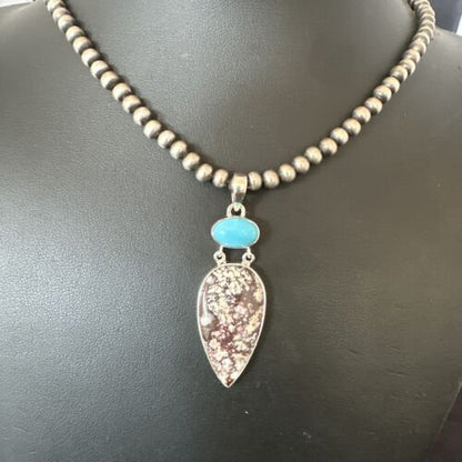 Navajo Wild Horse | Blue Kingman Turquoise Necklace | Sterling Silver | Authentic Native American Handmade | 17316
