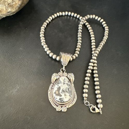 Navajo White Buffalo Turquoise Pendant Necklace | Sterling Silver | Authentic Native American Handmade | 17523