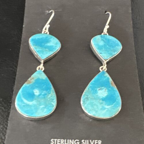 Navajo Blue Kingman Turquoise Dangle Earrings | Sterling Silver | Authentic Native American Handmade | 15106