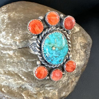 Navajo Turquoise & Spiny Oyster Cluster Ring | Authentic Native American Sterling Silver | Multi-Stone | Sz 8 | 16330
