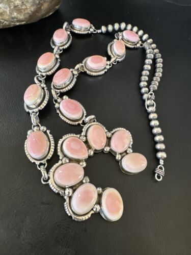 Navajo Pink Conch Squash Blossom Necklace with Naja Pendant | Authentic Native American Handmade | 15897