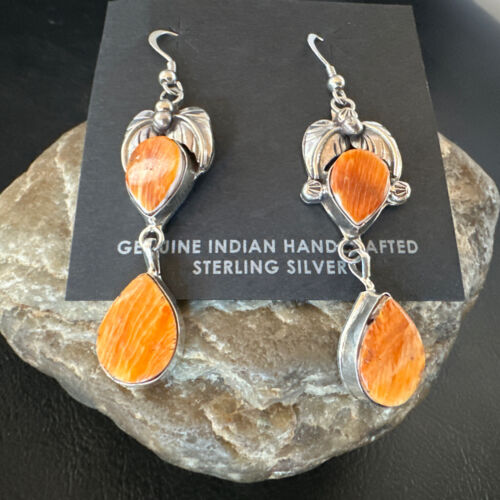 Navajo Orange Spiny Oyster Dangle Earrings | Sterling Silver | 1.5" | Authentic Native American Handmade | 16571