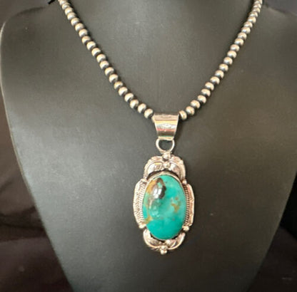 Navajo Pearls Necklace with Blue Turquoise Pendant | Sterling Silver | Authentic Native American Handmade | 14879