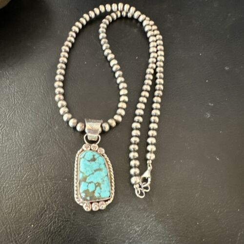 Men's Blue Spiderweb Turquoise Pendant Necklace | Navajo Sterling Silver | Authentic Native American Handmade | 17118
