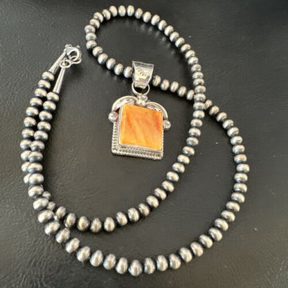 Navajo Orange Spiny Oyster Pendant Necklace | Sterling Silver | 20" | Authentic Native American Handmade | 16141
