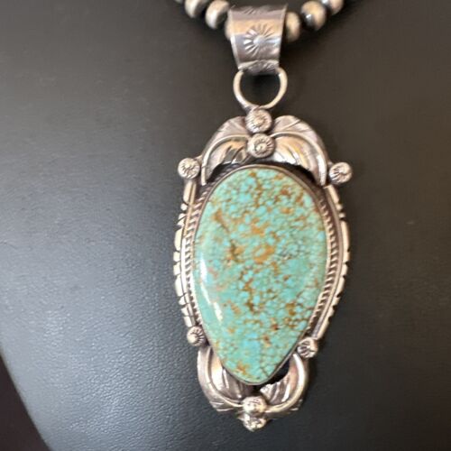 Navajo Blue Turquoise #8 Pendant | Sterling Silver Necklace with Pearls | Authentic Native American Handmade | 15898