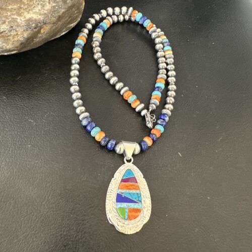 Navajo Spiny Oyster Turquoise Lapis Inlay Pendant Necklace | Sterling Silver | 21" | Authentic Native American Handmade | 16629