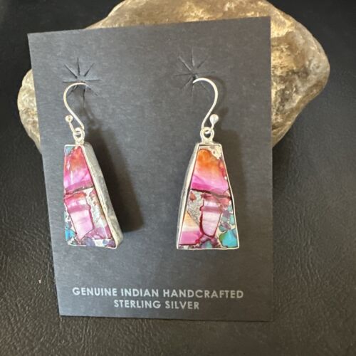 Navajo Blue Turquoise Purple Spiny Oyster Inlay Dangle Earrings | Sterling Silver | 15563