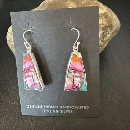 Navajo Blue Turquoise Purple Spiny Oyster Inlay Dangle Earrings | Sterling Silver | 15563
