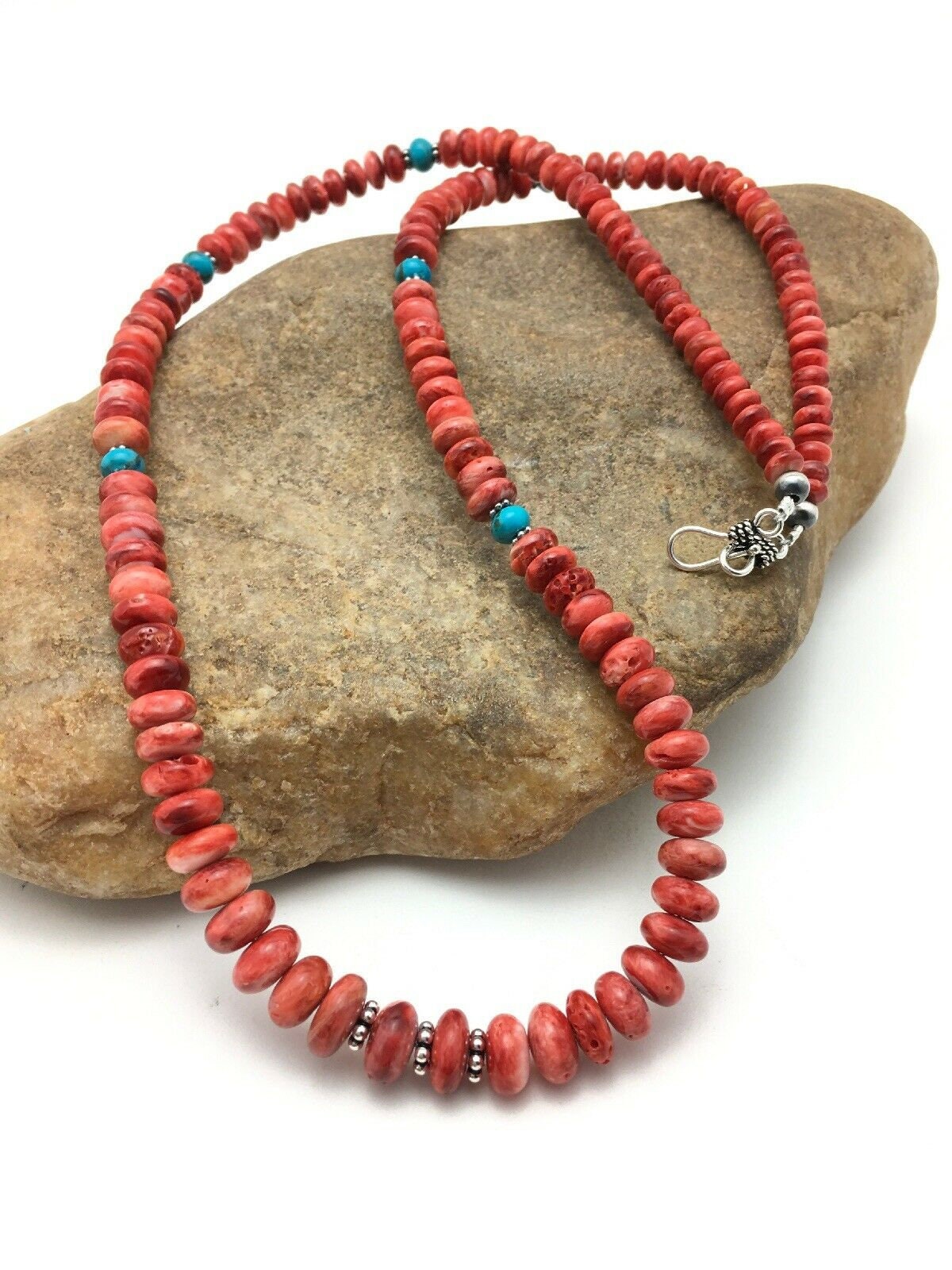 Authentic Native American Navajo Graduated Red Spiny Oyster Necklace | Sterling Silver | 22" | 4096