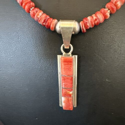 Navajo Red Spiny Oyster Pendant Necklace | Sterling Silver Inlay | Authentic Native American Handmade | 16883