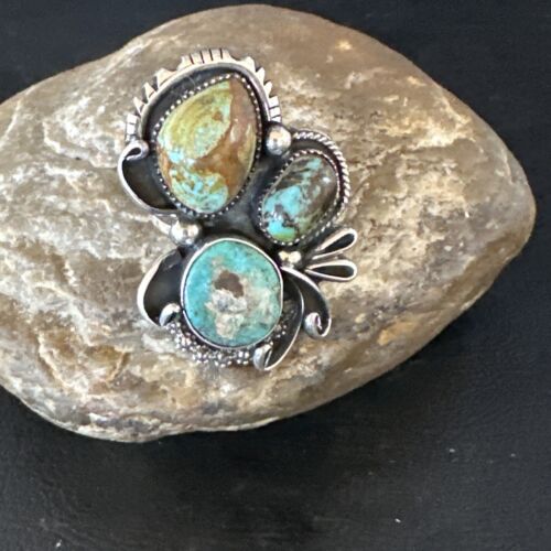 Navajo Green Turquoise Cluster Ring | Authentic Native American Sterling Silver | Multi-Stone | Sz 9 | 14841