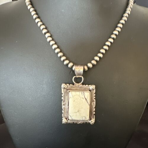 White Buffalo Turquoise Pendant | Navajo Pearls Sterling Silver Necklace | Authentic Native American Handmade | 17102