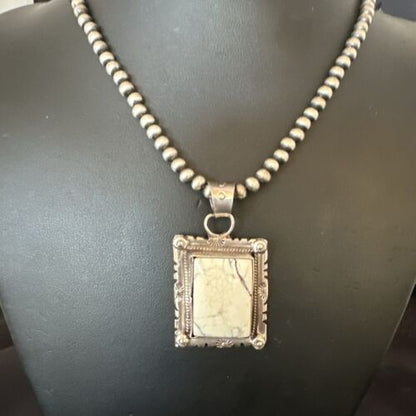 White Buffalo Turquoise Pendant | Navajo Pearls Sterling Silver Necklace | Authentic Native American Handmade | 17102