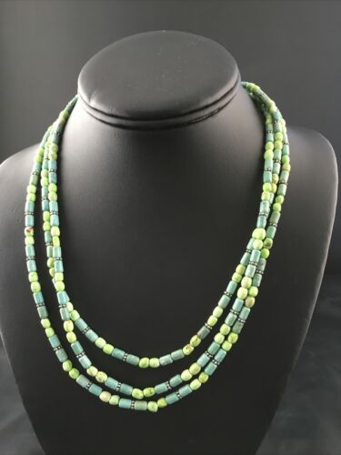 Navajo Blue Green Turquoise Necklace | 3-Strand | Sterling Silver | 17" | Authentic Native American Handmade | 10245