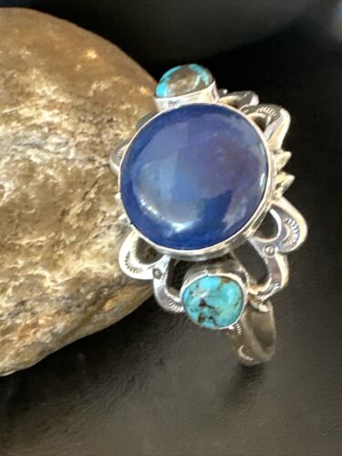 Kingman Turquoise Lapis Cuff Bracelet | Navajo Tufa Cast | Sterling Silver | Authentic Native American Handmade | 16783