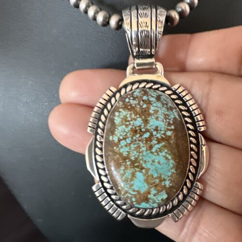 Navajo Blue Turquoise #8 Pendant | Sterling Silver Pearls Necklace | Authentic Native American Handmade | 16348