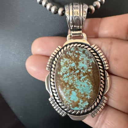 Navajo Blue Turquoise #8 Pendant | Sterling Silver Pearls Necklace | Authentic Native American Handmade | 16348