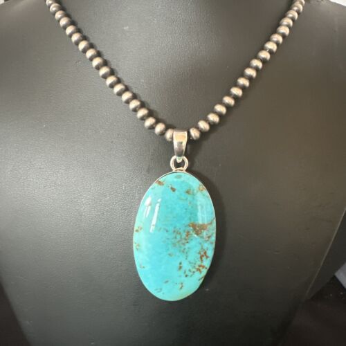 Navajo Blue Kingman Turquoise Pendant Necklace | Sterling Silver | 20" | Authentic Native American Handmade | 16694