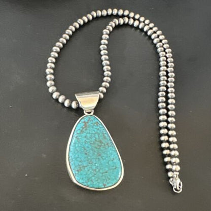 Men's Navajo Blue Spiderweb Turquoise Pendant Necklace | Sterling Silver | Authentic Native American Handmade | 16204