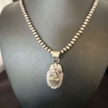 Navajo Green Boulder Turquoise Pendant Necklace | Sterling Silver | Men's Women's | 16136