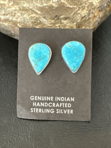 Navajo Blue Kingman Turquoise Post Stud Earrings | Sterling Silver | Authentic Native American Handmade | 17408