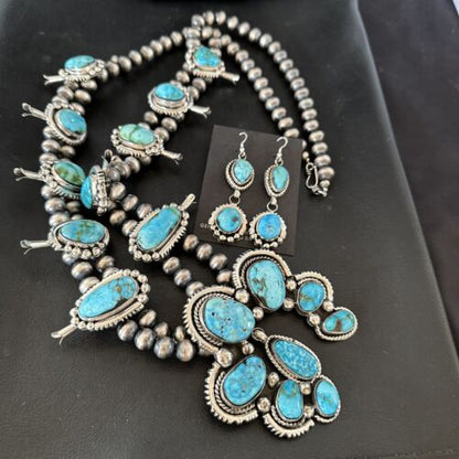 Navajo Ultra Rare Sonoran Mountain Blue Turquoise Squash Blossom Necklace Set | Sterling Silver | 17209