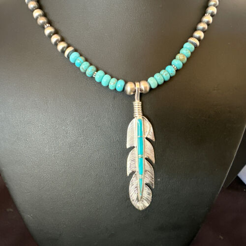 Men's Turquoise Inlay Feather Pendant Necklace | Sterling Silver | Authentic Native American Handmade | 17249