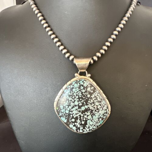 Men's Navajo Blue Spiderweb Turquoise Pendant Necklace | Sterling Silver | Authentic Native American Handmade | 16233