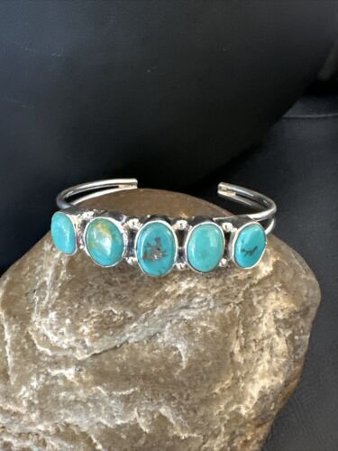 Women's Blue Turquoise 5-Stone Cuff Bracelet | Navajo Sterling Silver | Authentic Native American Jewelry | 16278