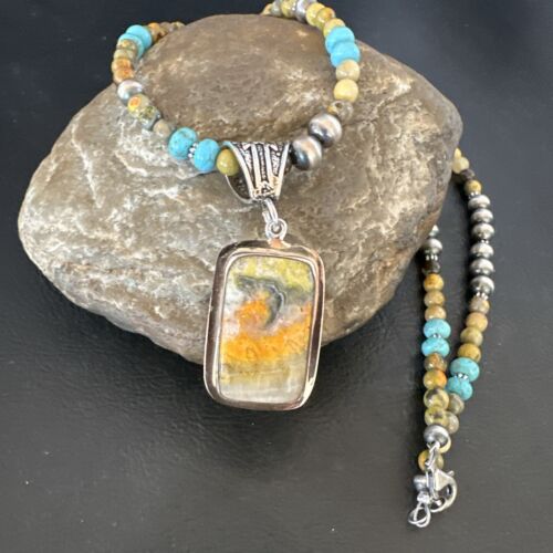 Men's BumbleBee Jasper Pendant Necklace | Navajo Pearls | Sterling Silver | Authentic Native American Handmade | 16882