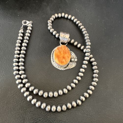 Navajo Orange Spiny Oyster Pendant Necklace | Sterling Silver Pearls | Authentic Native American Handmade | 16557