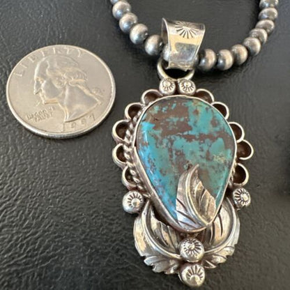 Navajo Blue Turquoise Pendant Necklace | Sterling Silver Pearls | Authentic Native American Handmade | 15644