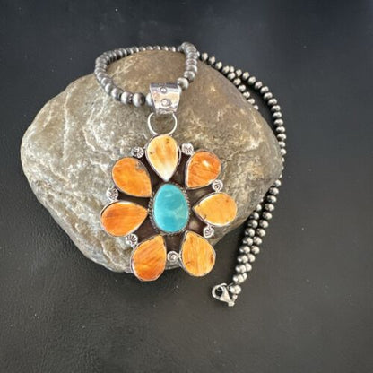 Navajo Blue Turquoise | Spiny Oyster Pendant Necklace | Sterling Silver | Multi-Stone | 16863