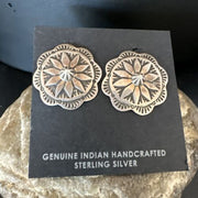 Navajo Sterling Silver Stamped Round Earrings | Authentic Native American Handmade | 15937