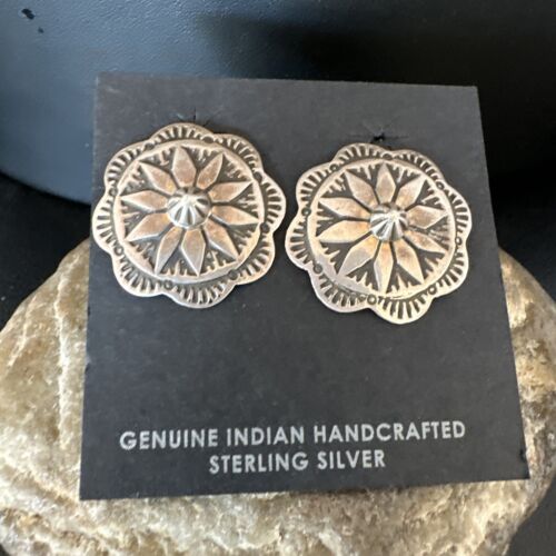 Navajo Sterling Silver Stamped Round Earrings | Authentic Native American Handmade | 15937