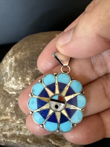 Zuni Sun Face Pendant | Turquoise, Mother of Pearl, Onyx Inlay | Sterling Silver | Native American Handmade | 15179