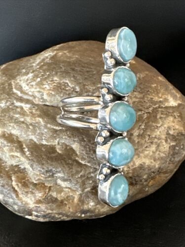 Navajo Women's Cluster Blue Larimar Ring | Authentic Native American Sterling Silver | Multi-Stone | Sz 7 | 16155